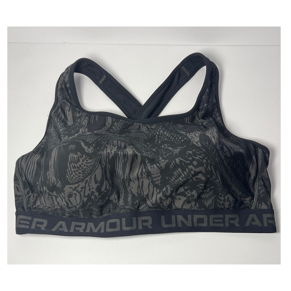 Under Armour Womens Plus 3X Mid Keyhole Compression Sports Bra Grey Black Print